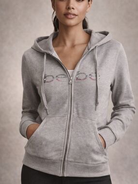 bebe Light Gray Rhinestone Logo Zip Hoodie